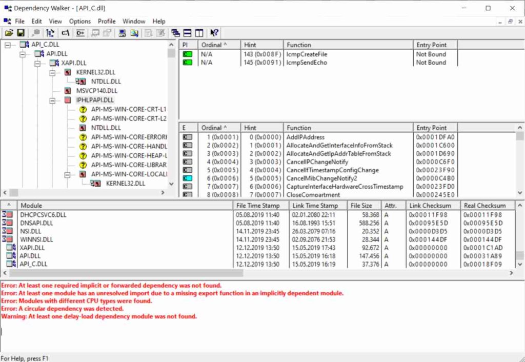 A screenshot from dependencywalker when scanning API_C